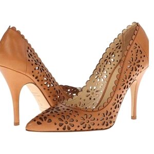 Kate Spade Lana Laser Cut Floral Leather Pumps Heels Brown Cognac Size 9.5
